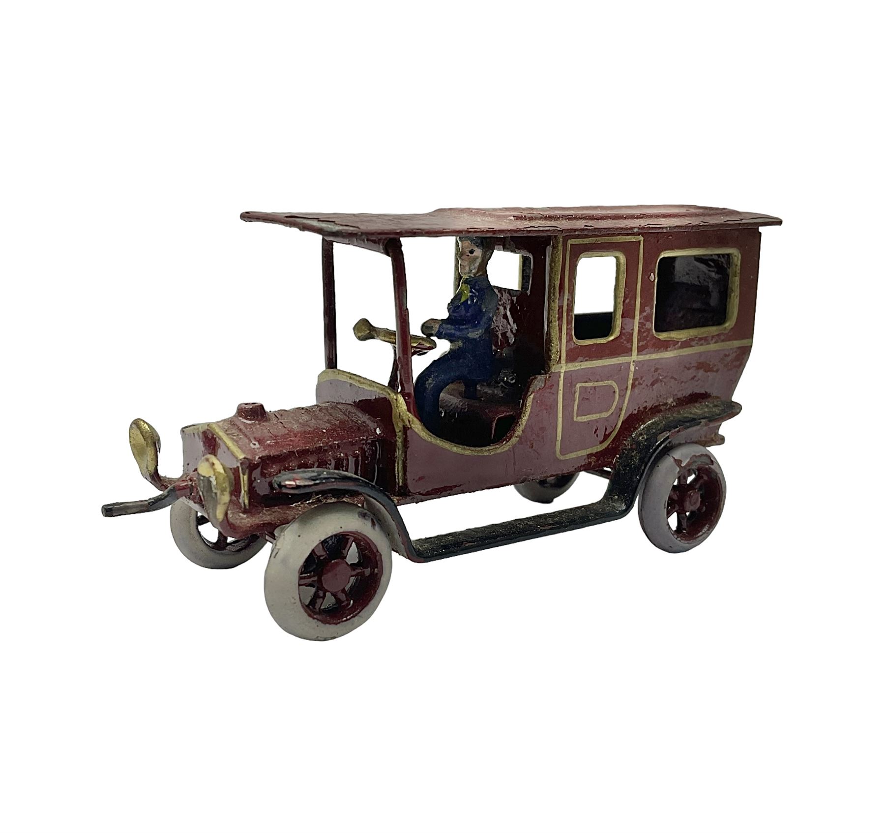 Ernst Plank van, circa 1912, maroon body with gilt detail, hinged roof and driver, H4cm, L7cm