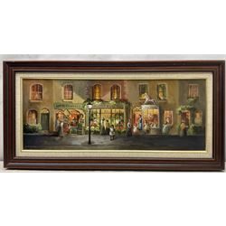 Deborah Jones (British 1921-2012): The Flower Shop, oil on board signed 29cm x 75cm 