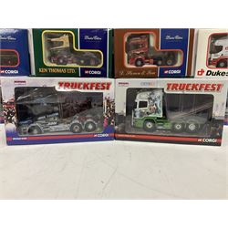 Corgi - nine limited edition die-cast heavy haulage tractor units including five Truckfest CC13223, CC13714, CC12817, CC12815 & CC13728; together with CC12214, CC12107, CC12904 & CC13210; and Morrisons promotional plastic delivery lorry; all boxed (10)