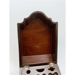 Georgian mahogany knife box, of serpentine fronted form with strung detail and inlaid star to the hinged cover, opening to reveal a fitted interior with conforming detail, H37cm
