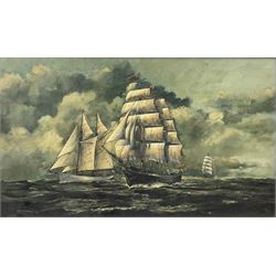 Roger Steel (British Mid-20th century): '1956 Tall Ships Race' - the Swedish 2-masted gaff schooner 'Gladen' and the Danish fully rigged 'George Stage II', oil on board signed and dated '71, labelled verso 30cm x 50cm