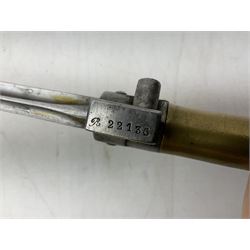 French Lebel Model 1886/93/16 bayonet with 52cm steel cruciform blade and brass hilt No.R22136; in steel tapering round scabbard numbered A62918 L65.5cm overall