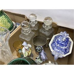 Masons Ironstone blue and white tureen, pair of continental ceramic figure, Cambridge Ware biscuit barrel, oriental ceramics,three cut glass decanters, mottled green glass vase, plated spoons and other ceramics and glassware, etc, in two boxes 