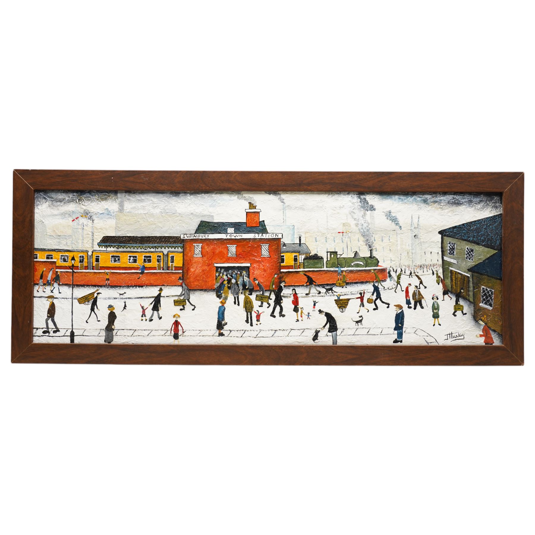 John Hanley (Northern British 1947-): 'Swinbury Town Station', oil and mixed media on board signed 30cm x 90cm