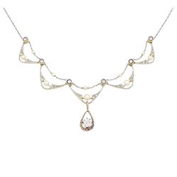 Early 20th century 18ct gold and platinum diamond and pearl necklace, five central fancy s...
