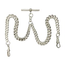 Early 20th century silver tapering Albert chain, hallmarked to T bar and clips, with lion passant stamped on each link