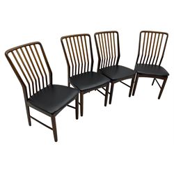 Svend Aage Madsen for Moreddi - set of four teak dining chairs, angular vertical slat back over upholstered seat, on turned front supports 