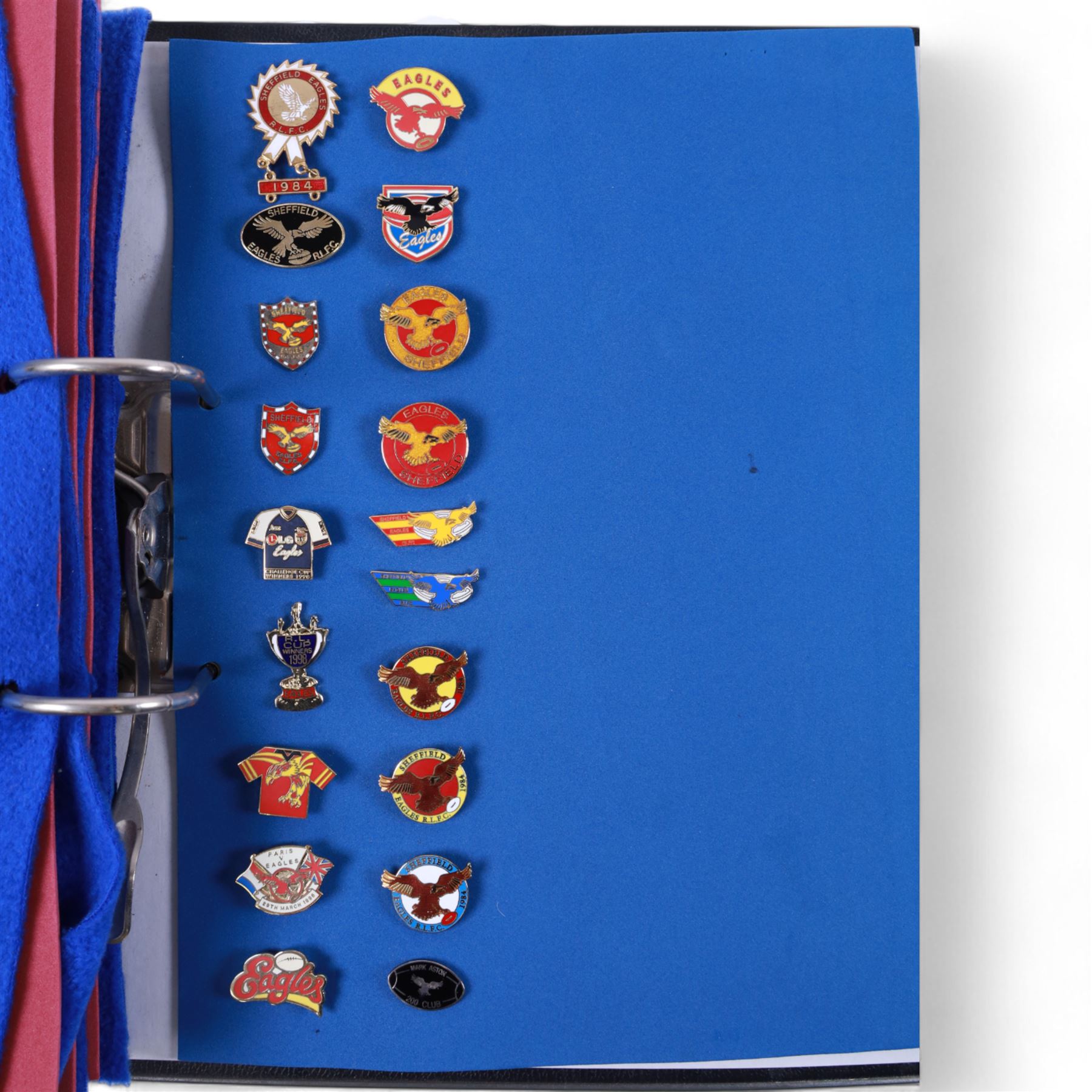 Rugby league enamel badge collection, from Oldham, Rochdale Hornets, St Helens, Salford, Sheffield Eagles, Huddersfield Giants, Hull FC, Hunslet and Keighley Cougars, housed in two folders, (approximately 330)
