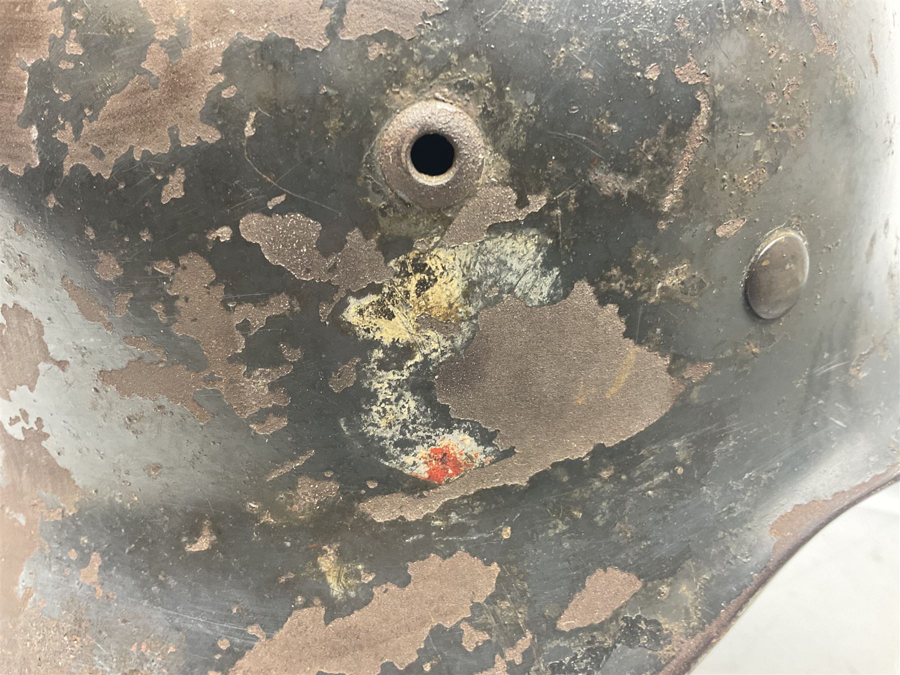 WW2 German Luftwaffe M40 double decal steel helmet with liner and chin strap; impressed 506 to back skirt; indistinct stencil type name(?) to inside