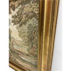 Large French machine woven tapestry, depicting courting couples donning ornate dress in garden setting, housed in gilt frame, W182cm H88cm