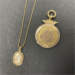 9ct gold jewellery including identity bracelet, St Christopher's pendant necklace and a fob medallion