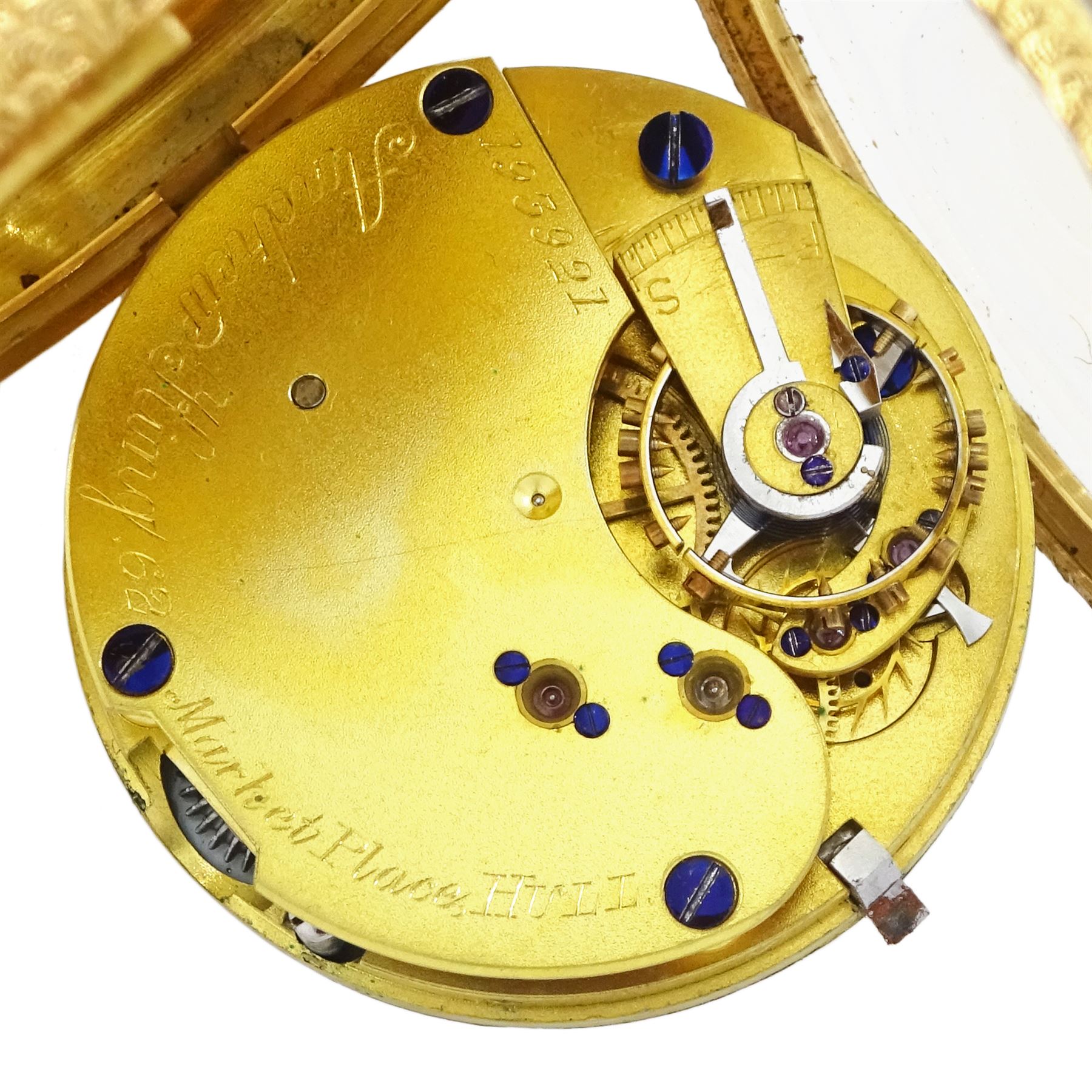 Victorian 18ct pocket open face keyless lever fob watch by Andrew King, Hull, No. 193921, white enamel dial with Roman hour markers, engraved foliate case with cartouche by Rotherham & Sons, Birmingham 1898