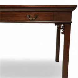 Late 18th century mahogany serving table, rectangular top over single frieze drawer with brass swing handles, pierced fretwork brackets, on square supports