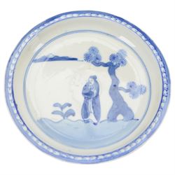 Collection of Japanese and similar ceramics, including pair of Satsuma side plates, decorated with a crowd of figures, blue and white teapot with floral decoration, blue and white vase and plates, etc
