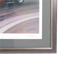 Two limited edition signed motor racing prints, the first by Ray Goldsborough depicting a Sharknose Ferrari 156 driven by Wolfgang Von Trips at the Monaco Grand Prix 1961, limited edition no. 36/475, the second by Robin Owen depicting a Sharknose Ferrari, limited edition no. 64/500, both numbered and signed by the artists, largest H56cm, W66cm