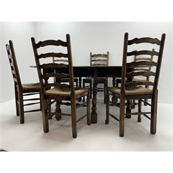 17th century style oak dining table, oval drop leaf top on turned supports, double gateleg action base (H74cm, 198cm x 157cm (open)), together with a set of six oak dining chairs with waved ladder backs and drop on rush seats