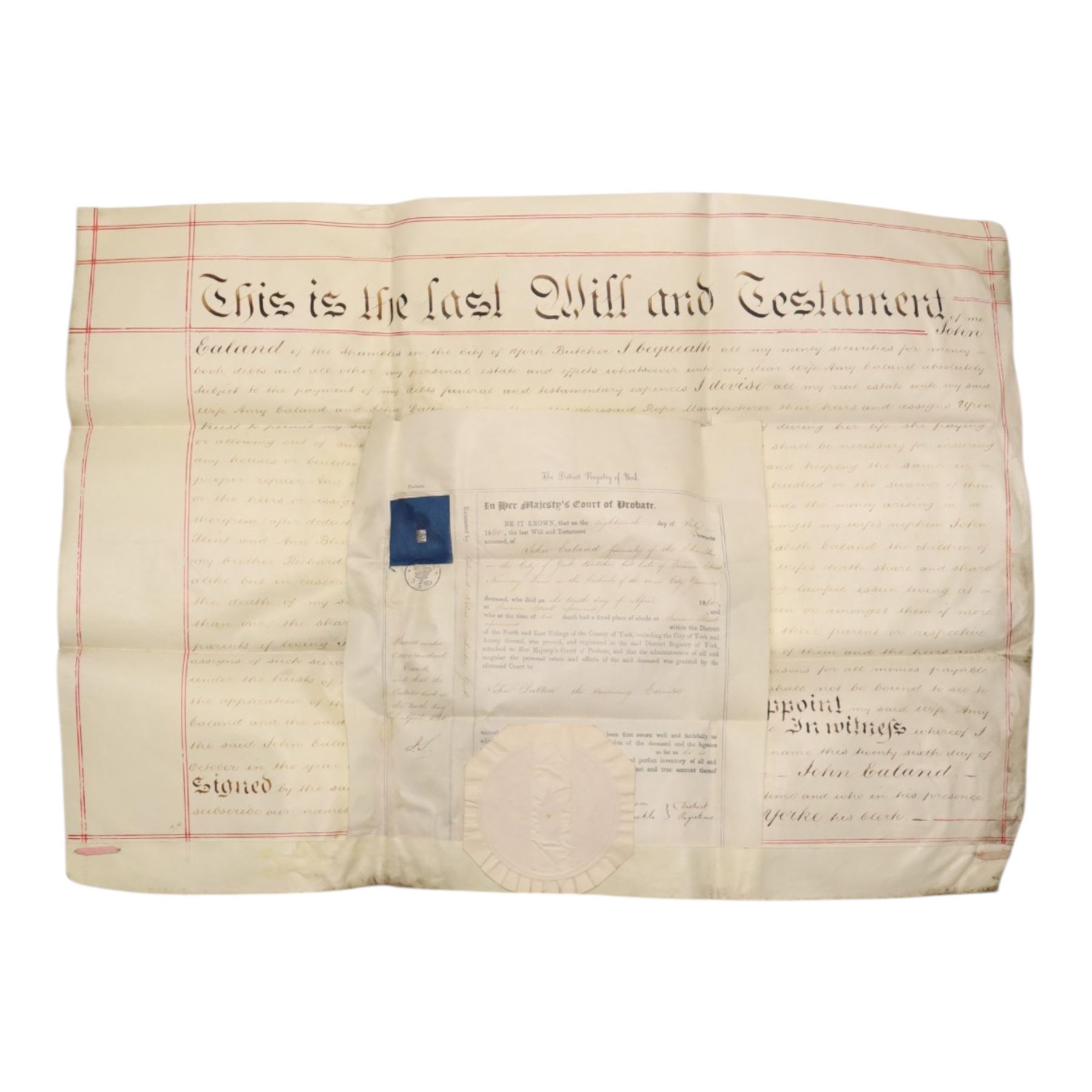 York interest - collection of 18th and 19th century vellum indentures, wills, probate documents and related papers concerning central York properties, streets and residents, including Micklegate, The Shambles, Bootham, Fishergate, Walmgate, Monkgate and Goodramgate, with probate of John Ealand, formerly of The Shambles, York, butcher, later of Swan Street, Nunnery Lane, probate of Roger Iddison of No.8 Portland Street, York, auctioneer, probate of Eliza Nottingham of Bootham Asylum, formerly of St Paul’s Square, together with documents relating to butchers, farmers, tradespeople and York families, many retaining original seals and stamps, in one box