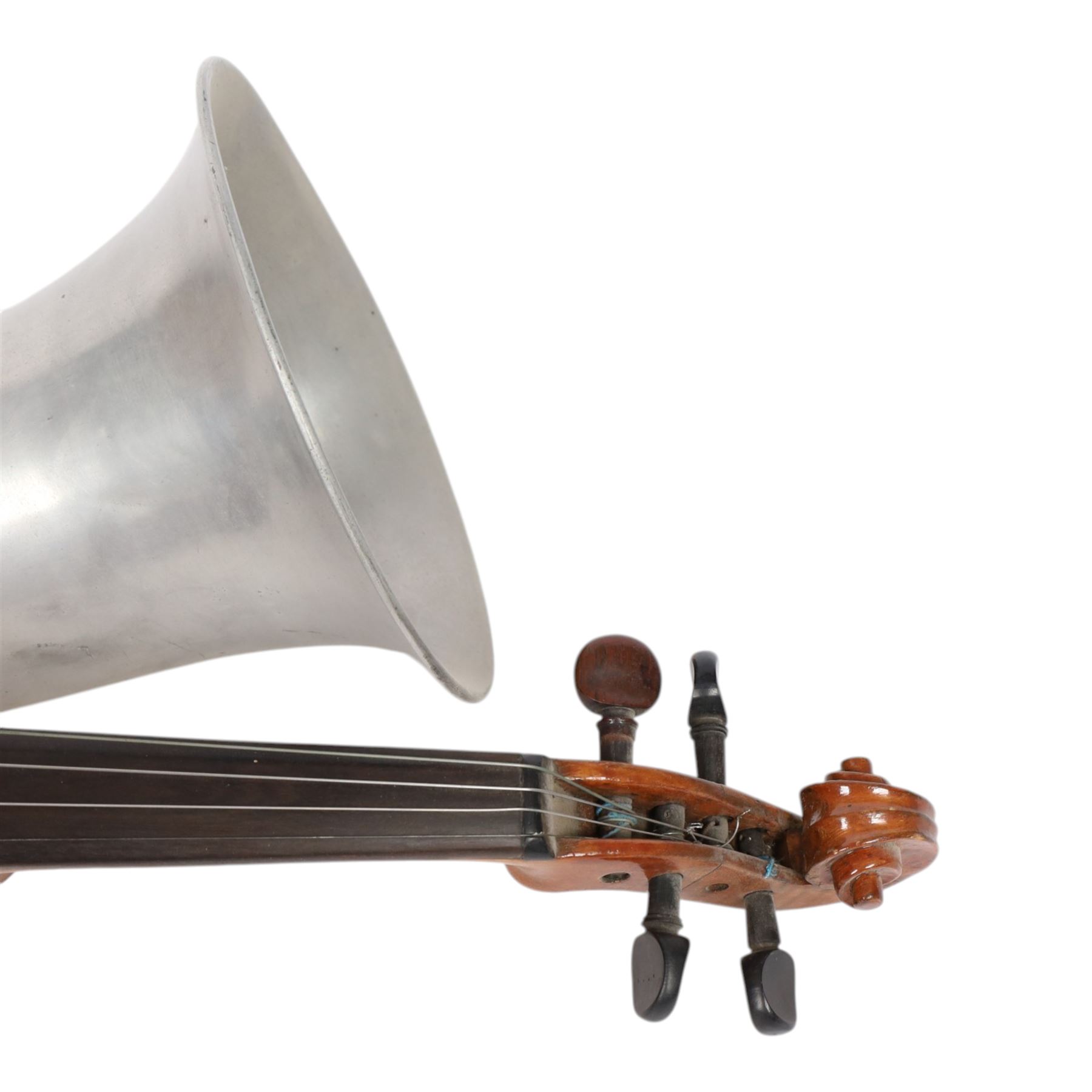 Early 20th century Stroviols Popular Model violin, with four strings and single aluminium horn