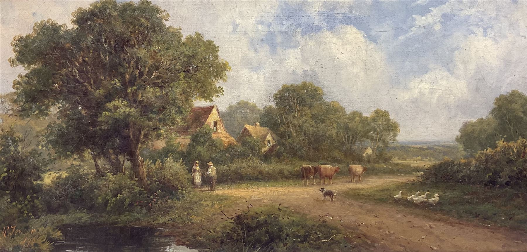 Robert Fenson (British 1889-1915): Couple Tending to the Farm Animals, oil on canvas signed and dated 1908, 29cm x 60cm 