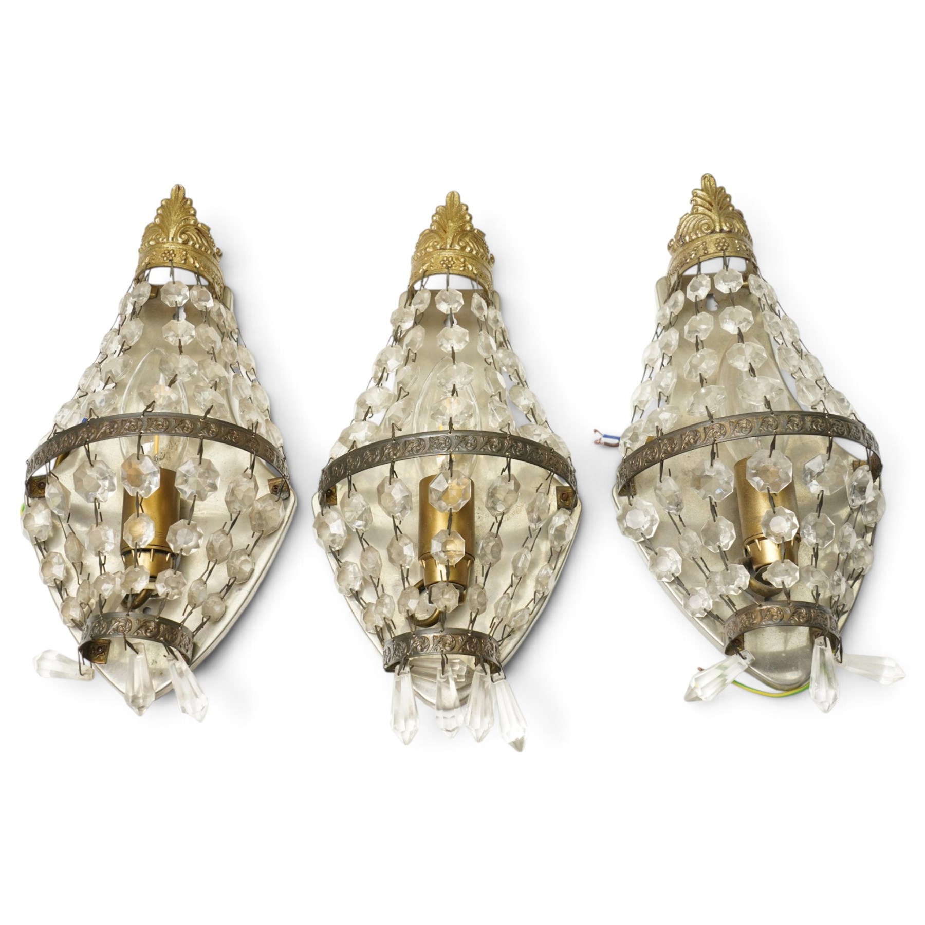 Brass and crystal ceiling light, drop 72cm, together with three small crystal oval wall lights, H28cm (4)