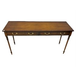 Georgian style mahogany side table, crossbanded and inlaid with chequered detail, fitted with two drawers