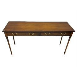 Georgian style mahogany side table, crossbanded and inlaid with chequered detail, fitted with two drawers