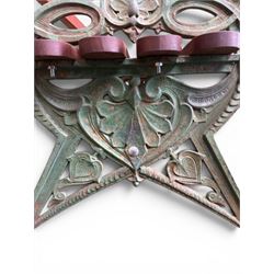 Coalbrookdale - Lily Pad design cast iron an wood slatted garden bench, late 19th century Aesthetic Movement, no. 217569, distressed green paint, iron centre support and seat stretcher, hardwood slatted