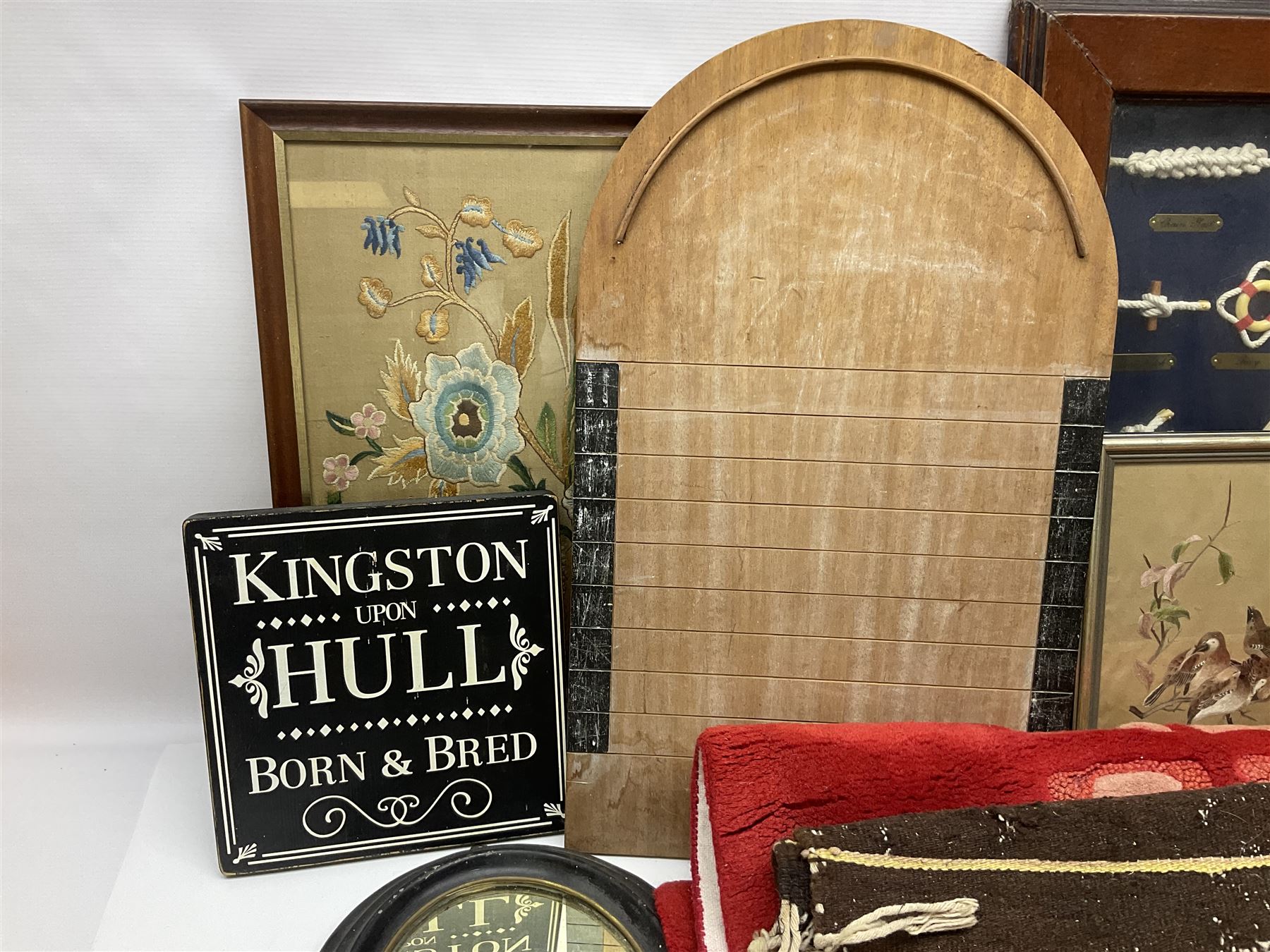 Shove ha'penny board, together with a maritime diorama, small oval mirror, rugs etc