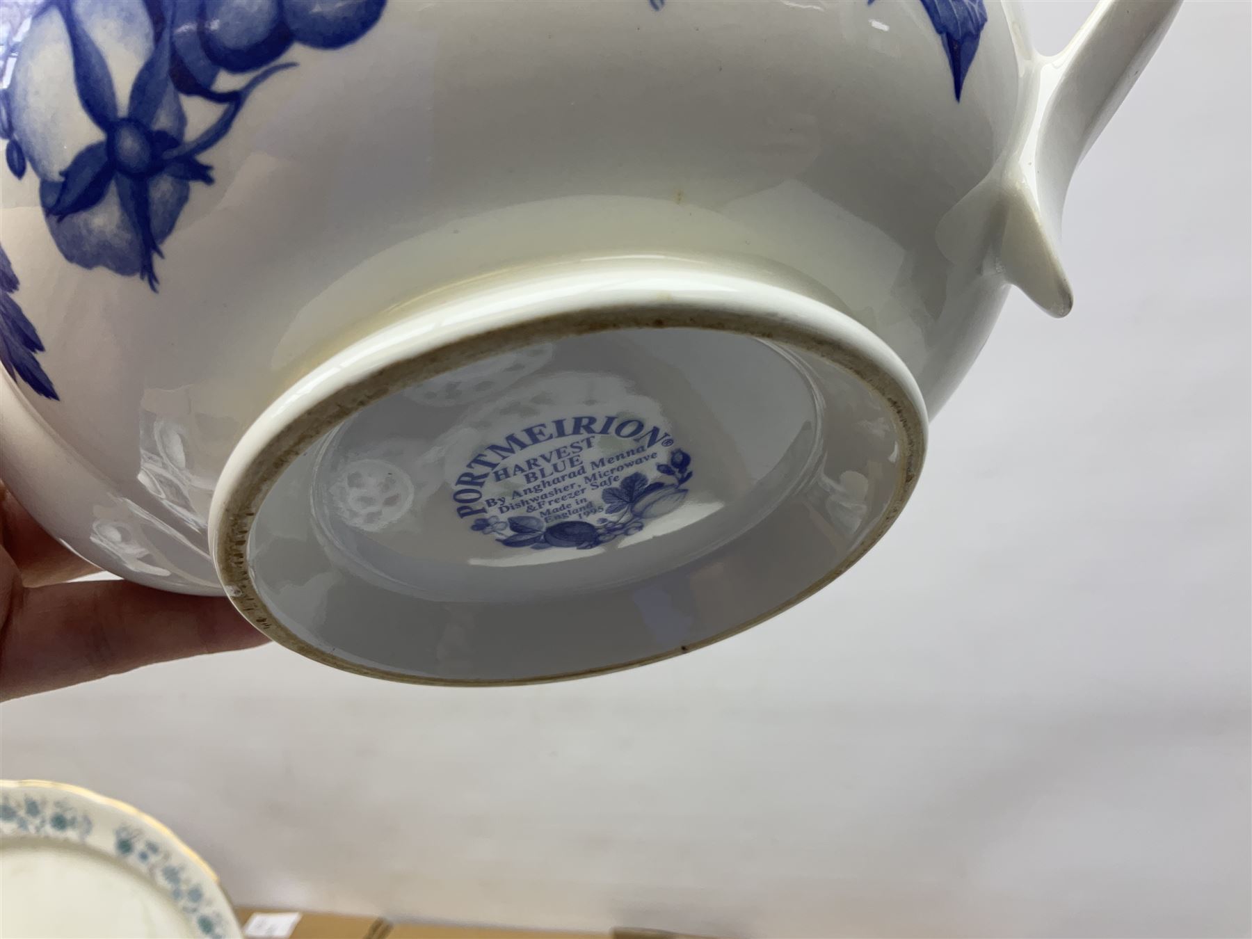 Quantity of teawares to include Coclough, Pearsons stoneware lidded twin handled pot, and other ceramics in two boxes