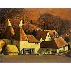 English School (Mid 20th century): Kentish Oast House, oil on panel with carved outlines signed with monogram 46cm x 59cm