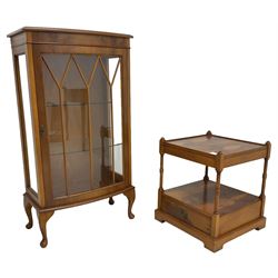 Yew wood bow-front display cabinet, astragal glazed door enclosing two glass shelves, on cabriole feet (W61cm D36cm H113cm); and a matching yew wood two-tier lamp table, single drawer fitted to base (W48cm H55cm)