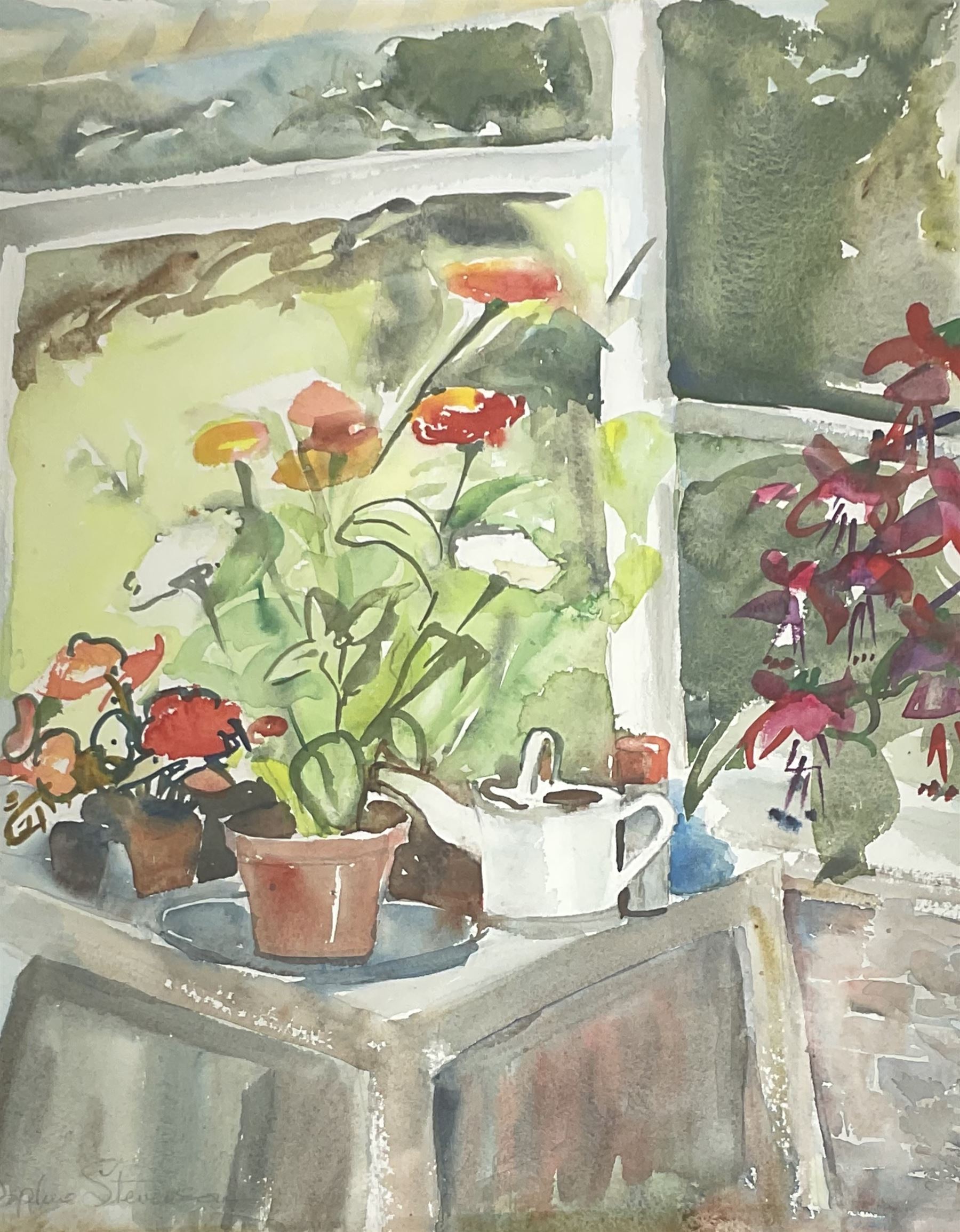 Andrew D Barlow (British contemporary): Man Riding Donkey, watercolour signed and dated 2005 together with Daphne Stevenson (British contemporary): Greenhouse Still Life, watercolour signed max 53cm x 35cm (2)