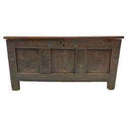 18th century carved oak coffer, tripe panel front and hinged lid