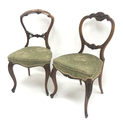  Two Victorian walnut bedroom chairs, shaped and carved cresting rail, upholstered seat, W46cm  