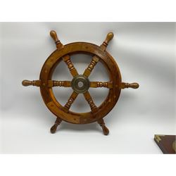 Wall hanging Spectrum quartz clock and Weathermaster barometer, together with six turned spokes ship wheel with brass central boss, D48cm