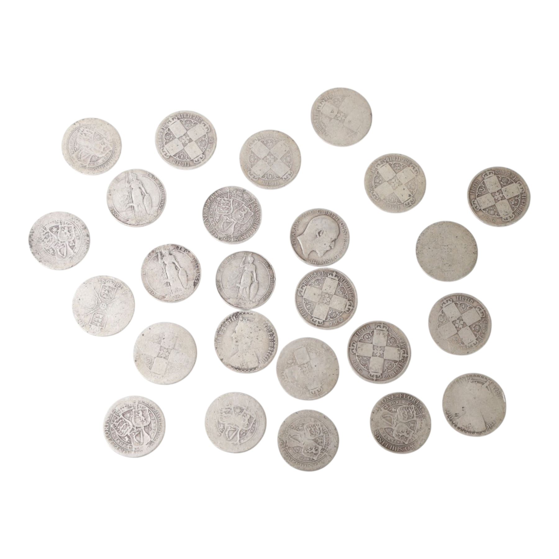Twenty-one Queen Victoria and four King Edward VII silver one florin coins, including thirteen 'Gothic' florins