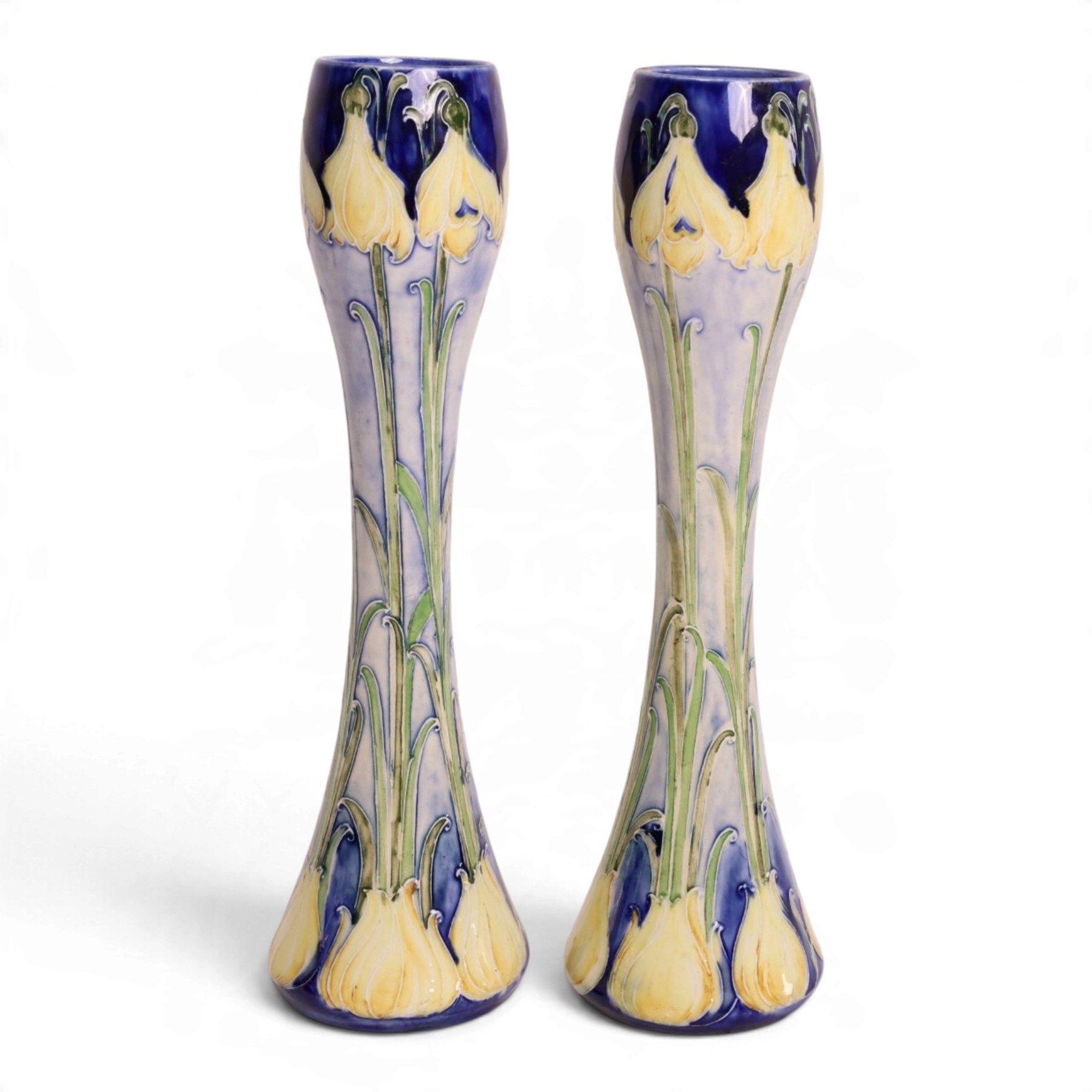 William Moorcroft for James MacIntyre, Pair of Florian Ware Snowdrop vase, circa 1902, waisted elongated gourd form, printed mark and green signature