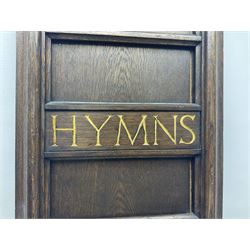 Early 20th century oak ecclesiastical church psalms and hymns board, in moulded rectangular frame, inscribed in gilt script 'Hymns' and 'Psalms', H99cm, W33cm