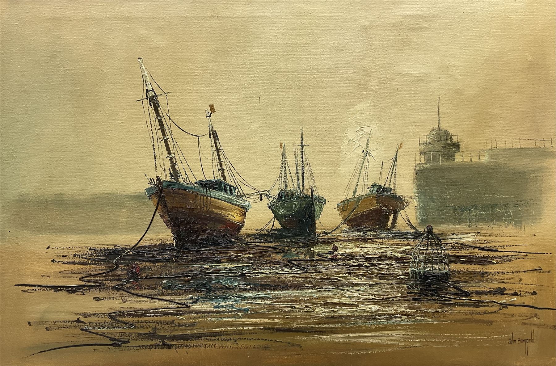 John Bampfield (British 1947-): Cornish Moorings at Low Tide, oil on canvas signed 60cm x 90cm