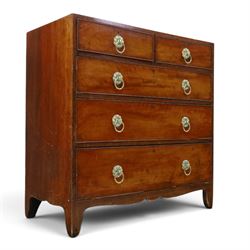 George III mahogany straight-front chest, two short over three long graduating drawers, cockbeaded edges with brass rose handles, raised on shaped supports