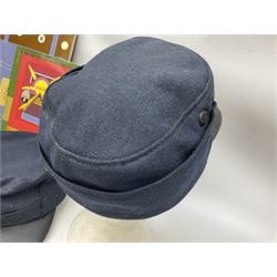 Black painted three colour railway lamp with revolving filters, H29cm; BR Acme Thunderer whistle; three railway peaked caps, two with BR Intercity 125 badge; small album of photographs of railway interest etc