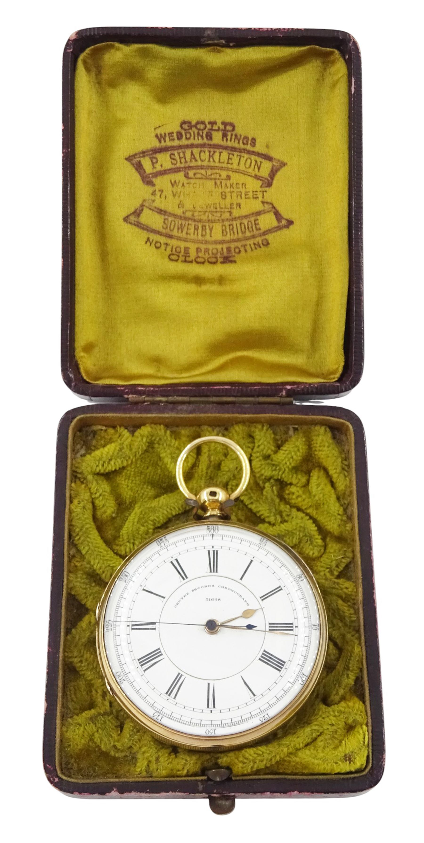 Victorian 18ct gold centre seconds key wound chronograph pocket watch by W Homere, Liverpool, No. 31658, white enamel dial with Roman numerals, outer track numbered 25-300, case by Joseph & John Hargreaves, Chester 1866
