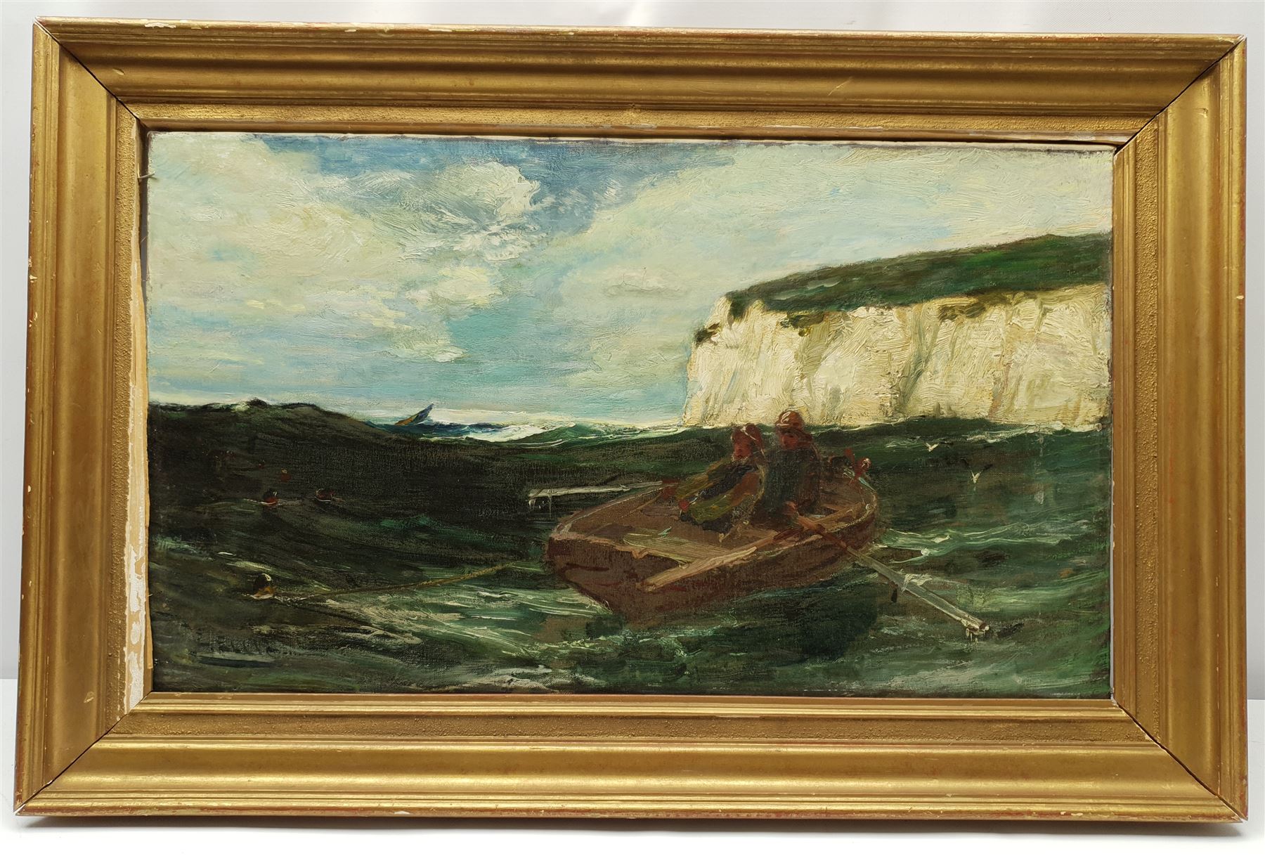Edwin John Ellis (British 1841-1895): Rowing off the Shore, oil on canvas signed 37cm x 65cm