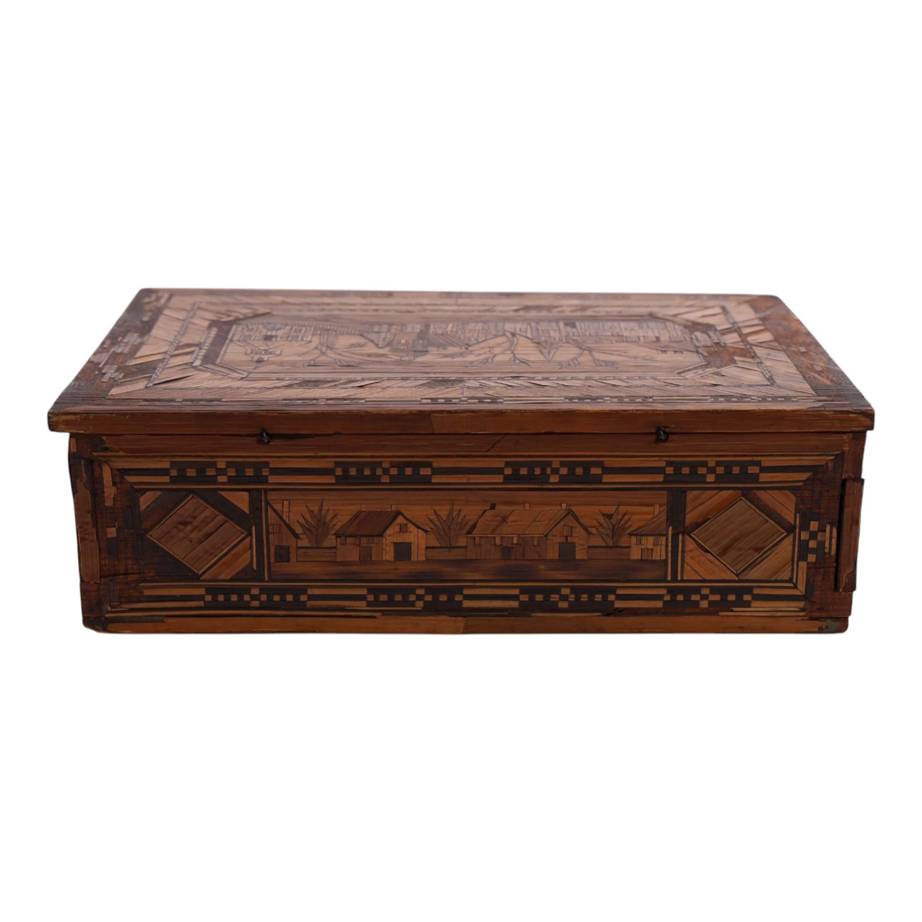 Napoleonic prisoner of war straw work box, the exterior with panels of buildings in geometric borders, the interior of the hinged lid opening to reveal two compartments with hinged covers decorated with flowers, H8cm, D16cm