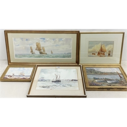 C Buinerman (20th century): Ships in Full Sail, watercolour signed and dated 1934; Shipping at Anchor, watercolour signed AJD and dated '23; 'Riverlets in the Snow', watercolour signed by Michael Perry and dated (20)18, titled verso; two further maritime oils, max 38cm x 77cm (5)