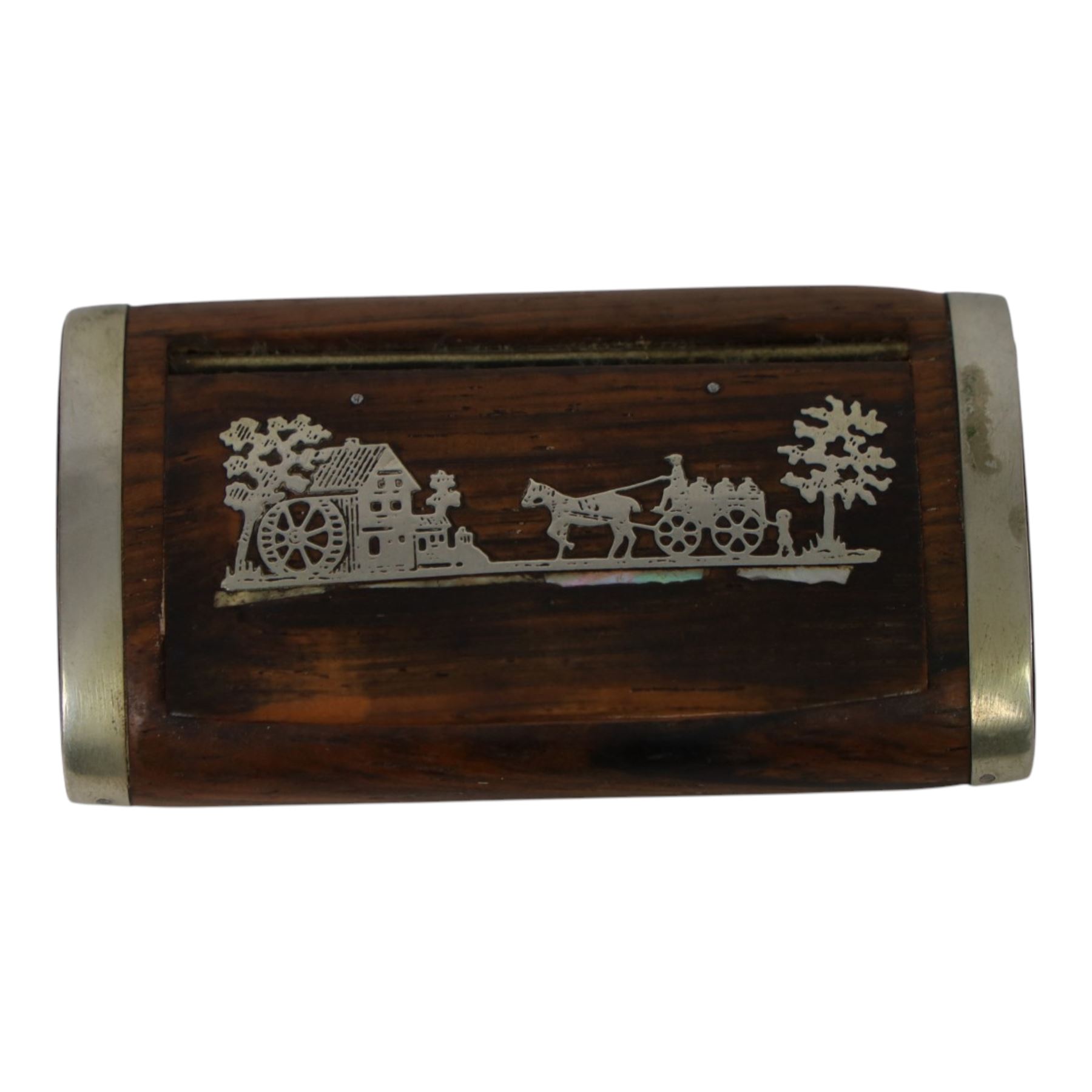 19th century pressed horn snuff box, of oblong form, the hinged tortoiseshell veneered cover with inlaid white metal stag hunting scene, L7cm, together with a 19th century rose wood example, probably french, with silver plated mounts, the inset hinged cover inlaid with a scene depicting a horse drawn cart before a mill, L7.5cm