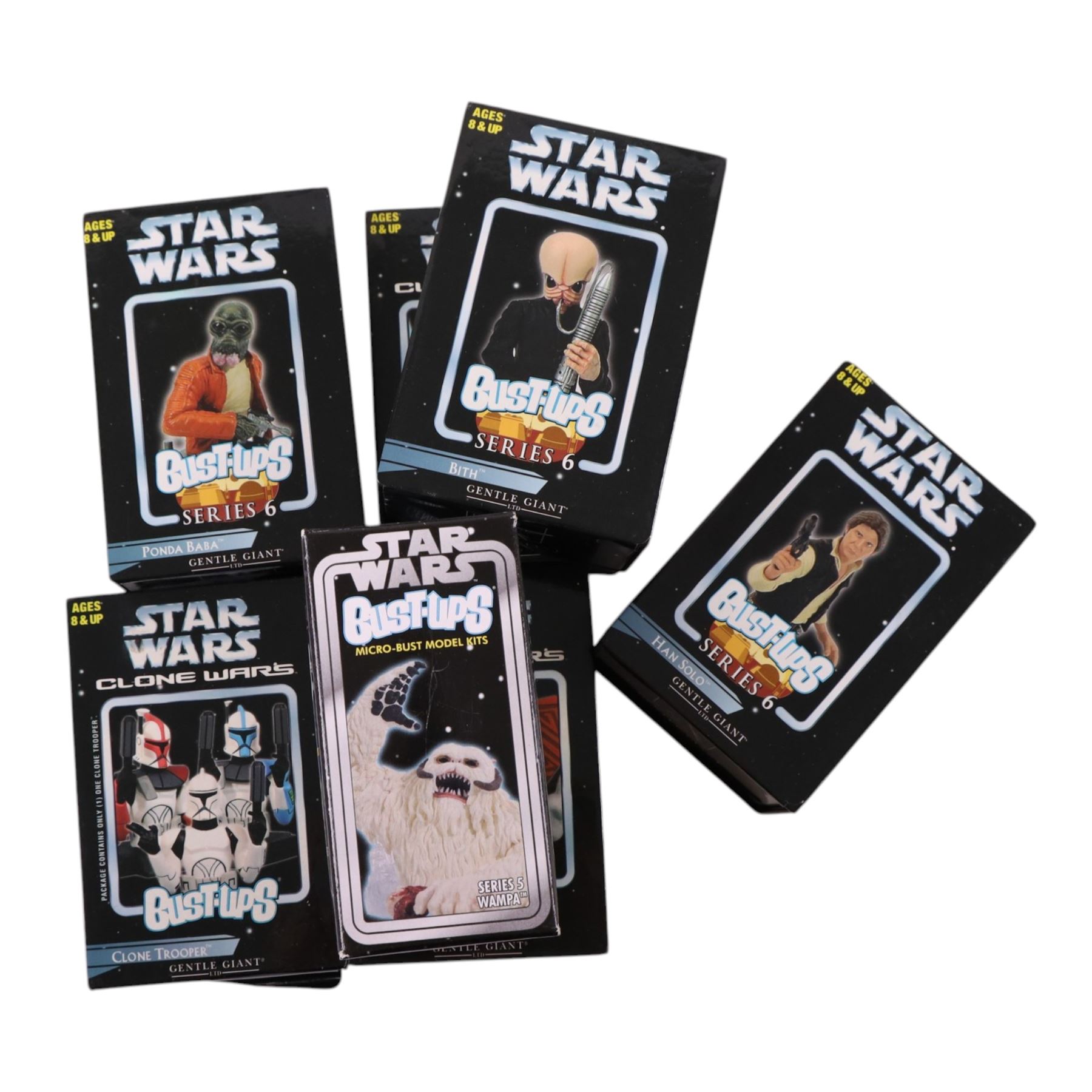 Collection of Gentle Giant Bust Ups Micro Models, including Series 1, Series 2, Series 3, Series 5, Series 6 and Clone Wars examples, together with a Hasbro Star Wars Galactic Heroes Boba Fett and Dengar model set, all boxed