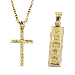 Gold cross pendant necklace and a gold ingot pendant, both hallmarked 9ct