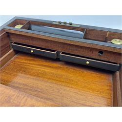 Victorian burr walnut writing slope, with mother of pearl escutcheon, the hinged lid with inlaid with vacant mother of pearl cartouche, opening to reveal two recesses containing glass inkwells with brass lids and a blue velvet and gilt writing slope, with key, H15cm