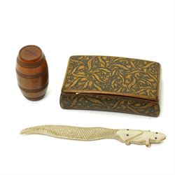 Carved bone model of a snake eating a lizard L12cm, 19th century papier mache snuff box, f...